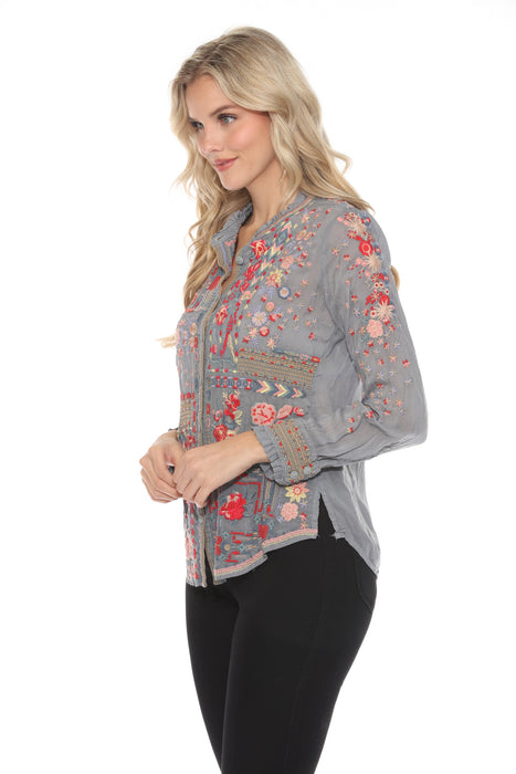 Johnny Was Grey Embroidered Button-Down Blouse JW01