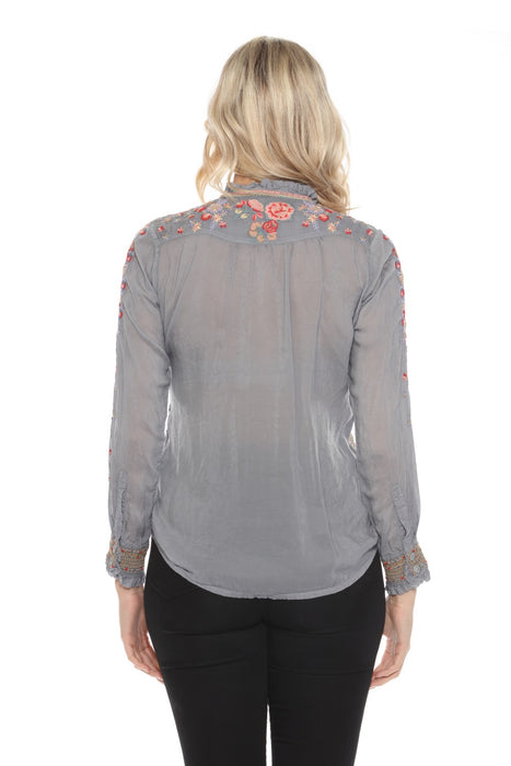 Johnny Was Grey Embroidered Button-Down Blouse JW01