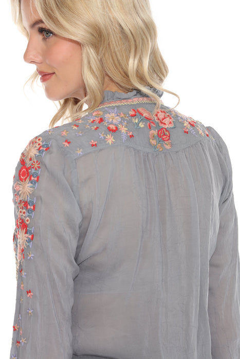 Johnny Was Grey Embroidered Button-Down Blouse JW01