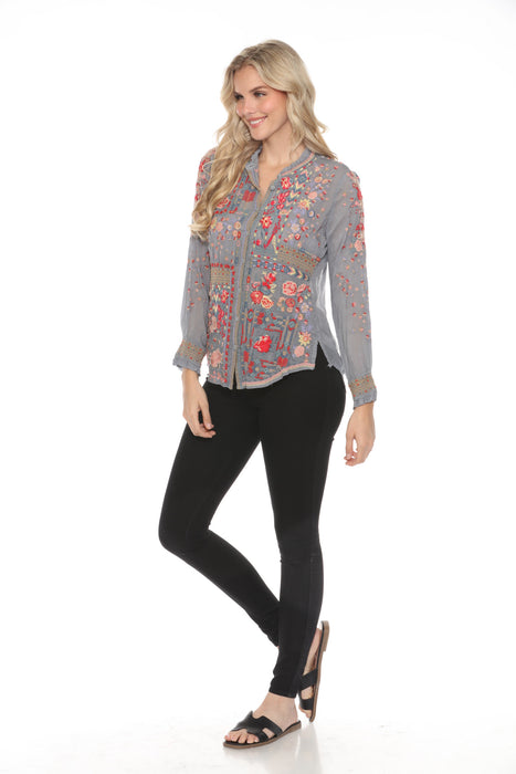 Johnny Was Grey Embroidered Button-Down Blouse JW01