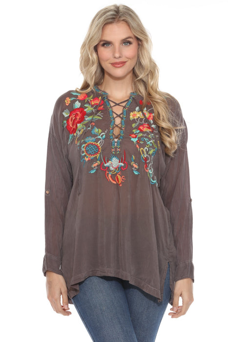 Johnny Was Style C1234 Grey Lace Up Embroidered Roll-Tab Blouse