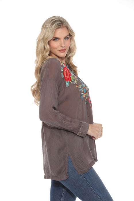 Johnny Was Grey Lace Up Embroidered Roll-Tab Blouse C1234