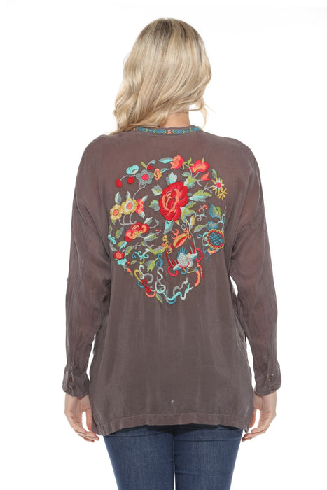 Johnny Was Grey Lace Up Embroidered Roll-Tab Blouse C1234