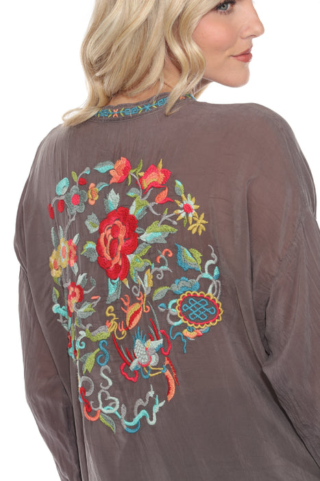 Johnny Was Grey Lace Up Embroidered Roll-Tab Blouse C1234