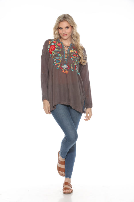 Johnny Was Grey Lace Up Embroidered Roll-Tab Blouse C1234