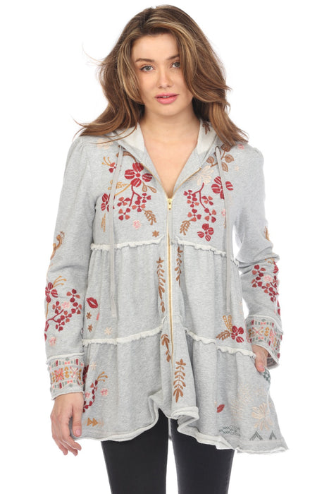 Johnny Was Style R49423 Grey Zuzu Tiered Zip Front Hoodie Boho Chic