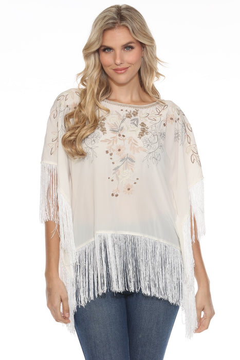 Johnny Was Style R17923A5 Ivory Embroidered Fringe Poncho Top