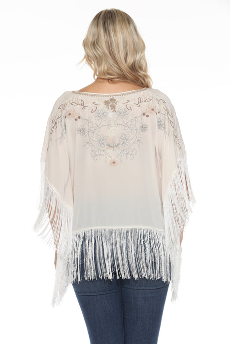 Johnny Was Ivory Embroidered Fringe Poncho Top R17923A5