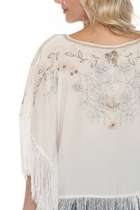 Johnny Was Ivory Embroidered Fringe Poncho Top R17923A5