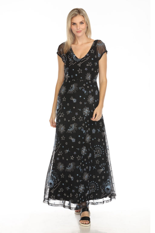 Johnny Was Jade Style R37024 Black Mesh Embroidered V-Neck Maxi Dress