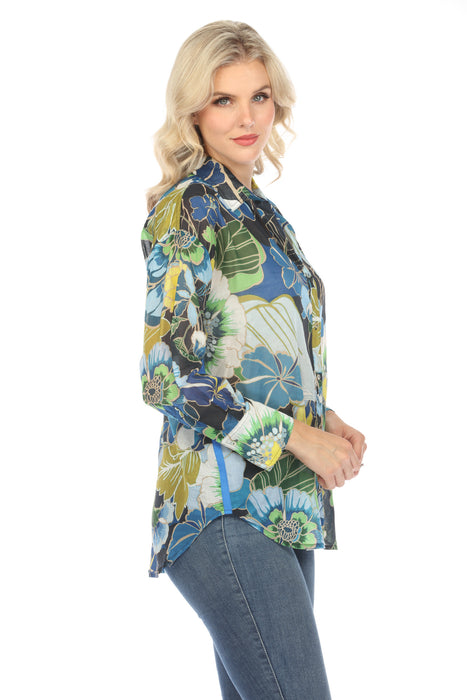 Johnny Was Jenn Floral Multi Curved Hem Yoke Shirt Boho Chic R24824