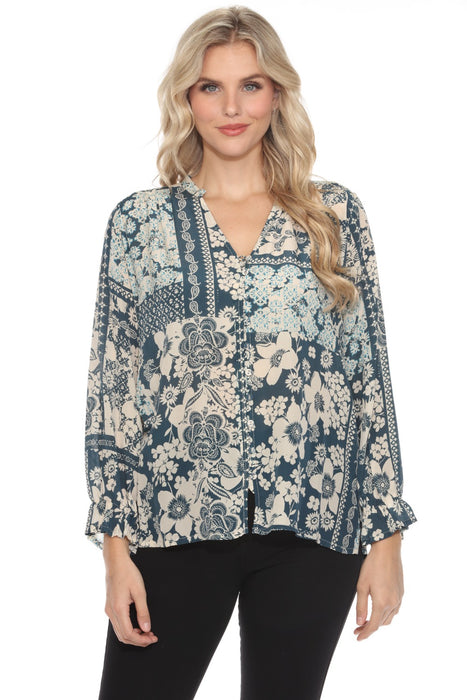 Johnny Was Style C17324B7 Joasie Floral Silk Long Sleeve Blouse