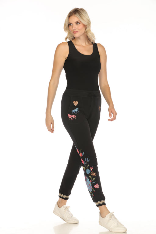 Johnny Was JWLA Style J69024 Black Adela Embroidered French Terry Jogger Pants