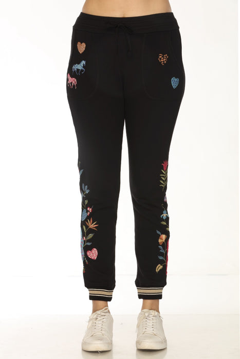 Johnny Was JWLA Style J69024 Black Adela Embroidered French Terry Jogger Pants