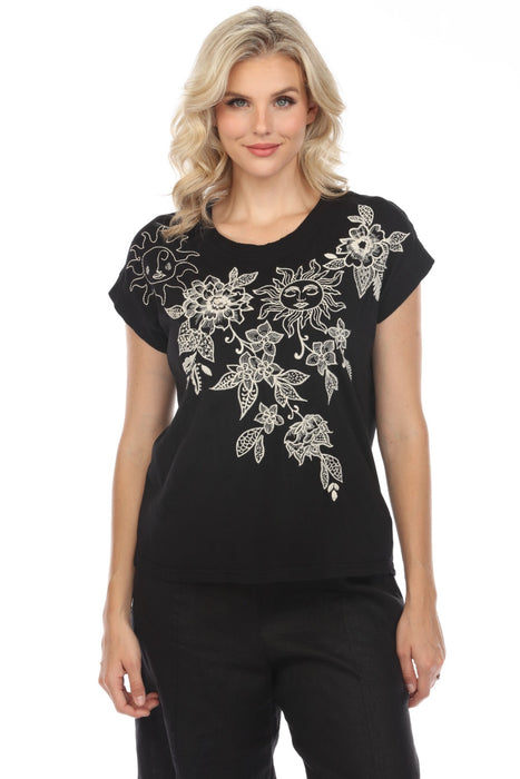 Johnny Was JWLA Style J12723 Black Addison Embroidered Relaxed Tee Boho Chic