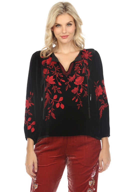 Johnny Was JWLA Sytle J12623-O Black Junie Velvet Floral Embroidered Relaxed Blouse Boho Chic