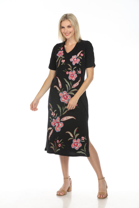 Johnny Was JWLA Style J30924 Black Libbi Trapunto Embroidered Midi T-Shirt Dress Boho Chic