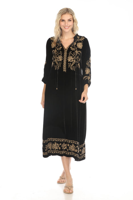 Johnny Was JWLA Style J34624 Black Nyomi Embroidered Velvet Midi Field Dress