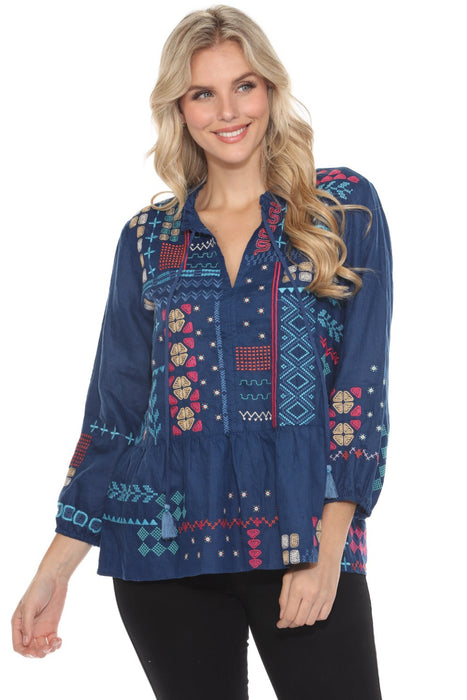 Johnny Was JWLA Style J13424 Blue Katie Peplum Field Embroidered Linen Blouse