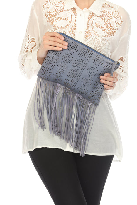 Johnny Was JWLA Blue Leather Fringe Clutch Bag Boho Chic JW2334