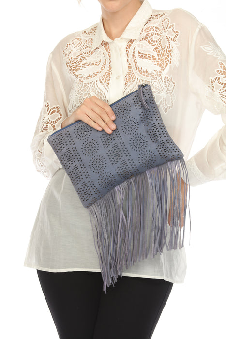 Johnny Was JWLA Blue Leather Fringe Clutch Bag Boho Chic JW2334