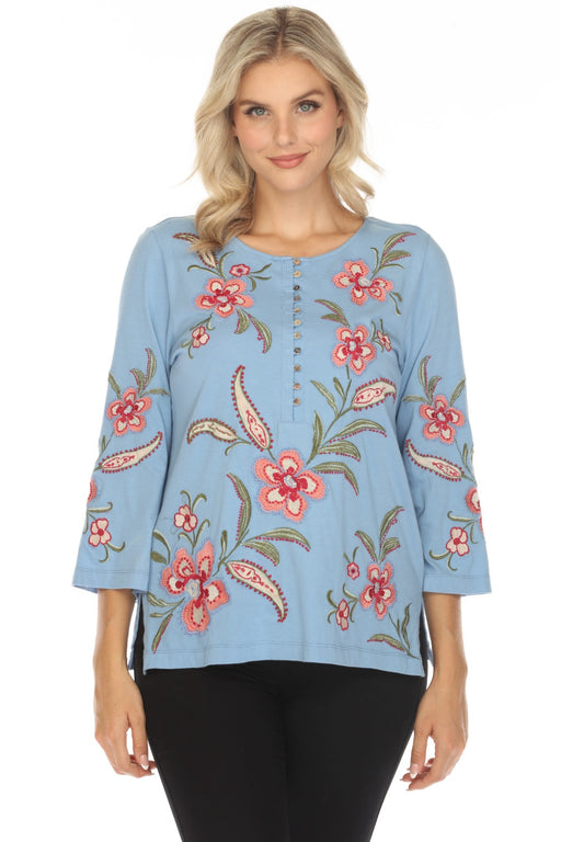 Johnny Was JWLA Style J13124 Blue Libbi 3/4 Sleeve Button Front Embroidered Tee Boho Chic