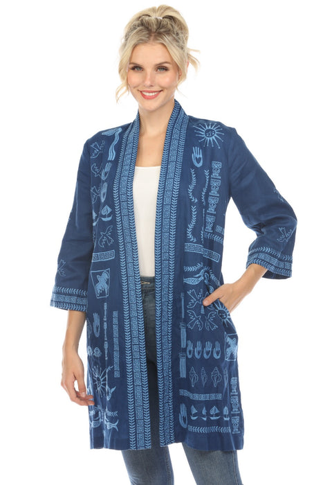 Johnny Was JWLA Style J40124 Sailor Blue Linen Embroidered Kimono Boho Chic