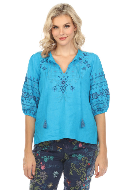 Johnny Was JWLA Style J14524 Blue Taria Linen Relaxed Blouse Boho Chic