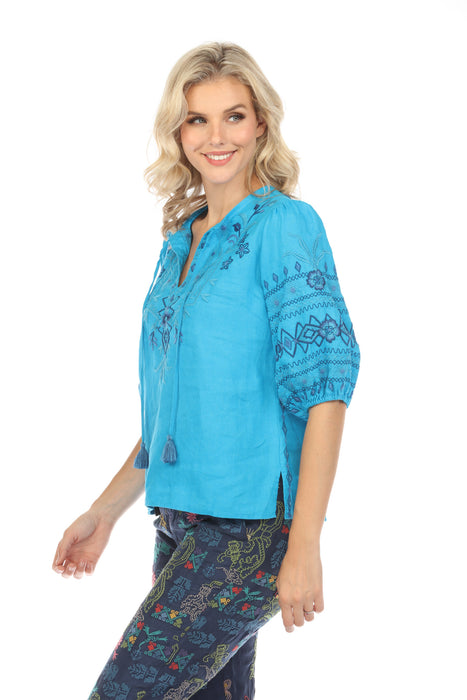 Johnny Was JWLA Blue Taria Linen Relaxed Blouse Boho Chic J14524