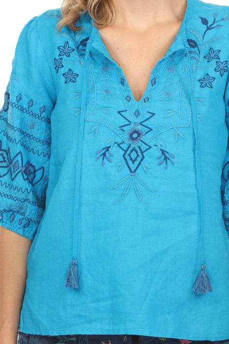 Johnny Was JWLA Blue Taria Linen Relaxed Blouse Boho Chic J14524