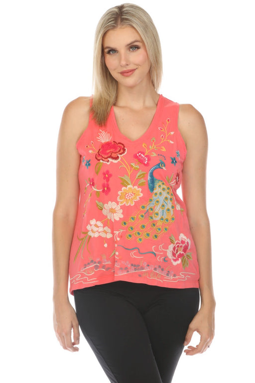 Johnny Was JWLA Style J14924 Calypso Coral Celina Raw Edge V-Neck Embroidered Tank Top Boho Chic