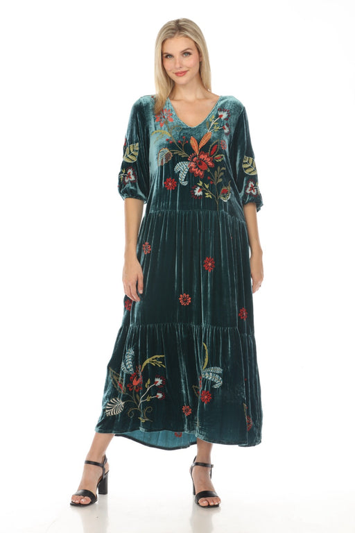 Johnny Was JWLA Style J39523 Dark Teal Velvet Embroidered 3/4 Sleeve Tiered Maxi Dress Boho Chic