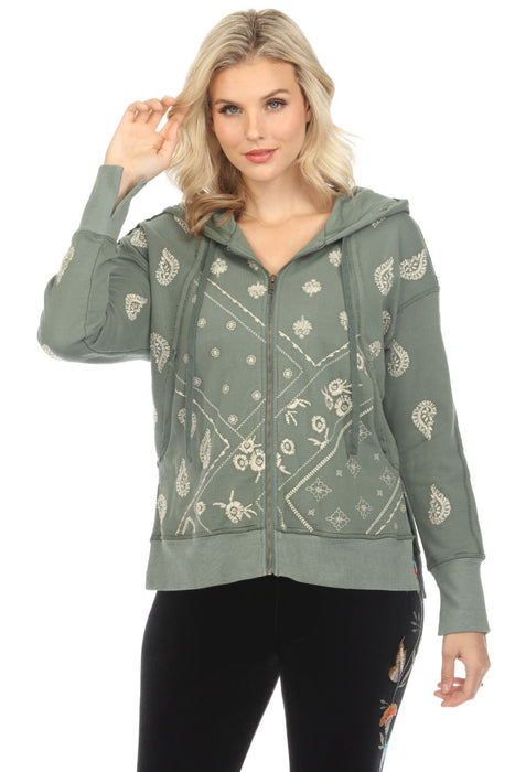 Johnny Was JWLA Style J48223 Devi Raw Seam Zip-Up Embroidered Sweatshirt Boho Chic