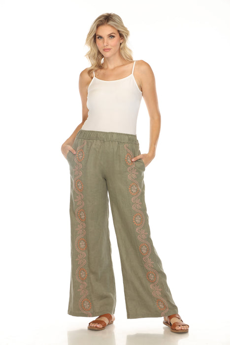 Johnny Was JWLA Style J69124 Forest Green Faye Seamed Linen Embroidered Wide Leg Pants