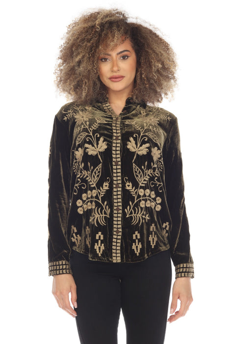 Johnny Was JWLA Style J10723 Georgina Velvet Embroidered Oversized Shirt Boho Chic