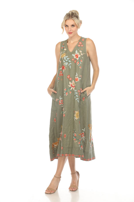 Johnny Was JWLA Style J32324 Green Andrean Linen Floral Embroidered Tank Dress Boho Chic