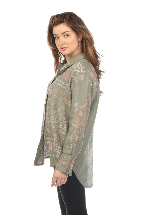 Johnny Was JWLA Green Faye Relaxed Linen Shirt Boho Chic J13024