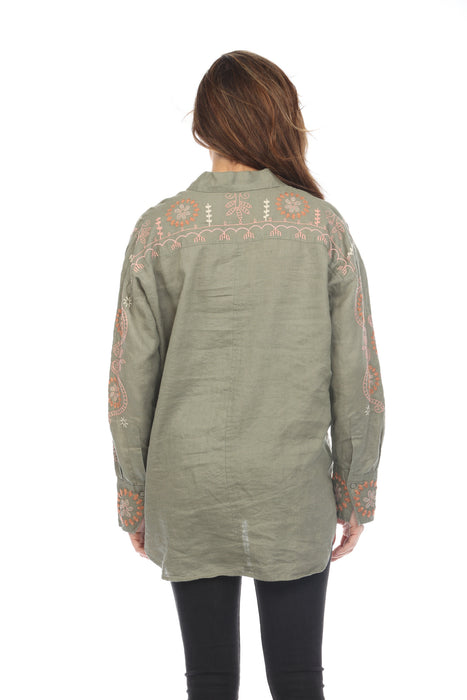 Johnny Was JWLA Green Faye Relaxed Linen Shirt Boho Chic J13024