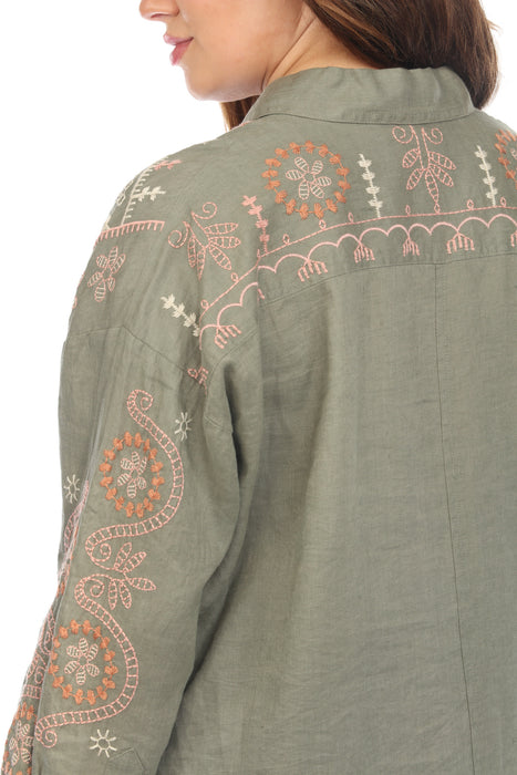 Johnny Was JWLA Green Faye Relaxed Linen Shirt Boho Chic J13024