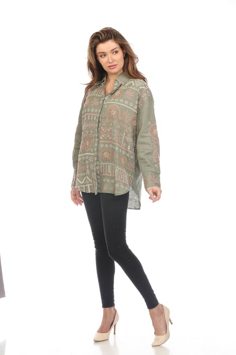 Johnny Was JWLA Green Faye Relaxed Linen Shirt Boho Chic J13024