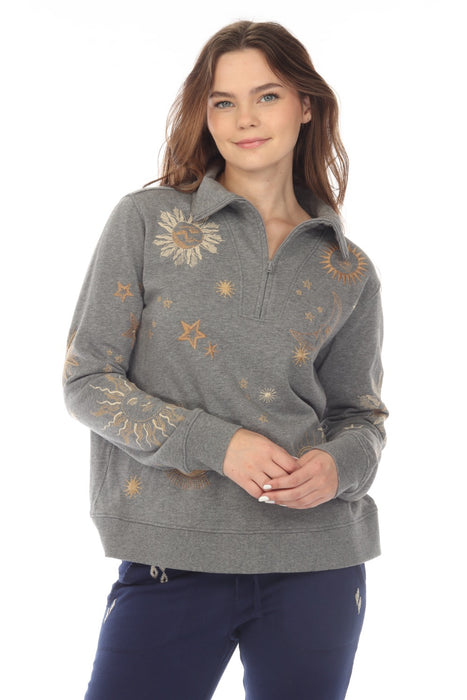 Johnny Was JWLA Style J15522 Grey Lunata Embroidered Half Zip Sweatshirt Boho Chic