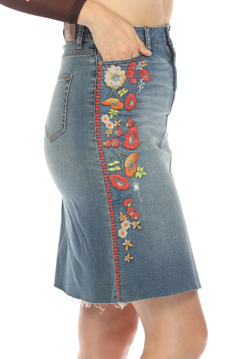 Johnny Was JWLA Indigo Embroidered Denim Jean Skirt Boho Chic JWD1009