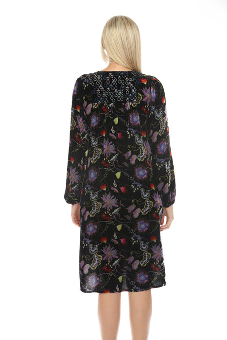 Johnny Was JWLA Inva Lucia Velvet Yoke Embroidered Dress Boho Chic J39623