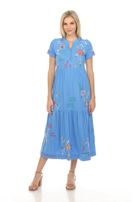 Johnny Was JWLA Style J31124 Blue Katie Henley Tiered Knit Embroidered Midi Dress Boho Chic