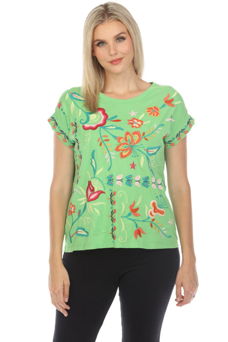 Johnny Was JWLA Style J13824 Kelly Green Averi Relaxed Embroidered Tee Boho Chic