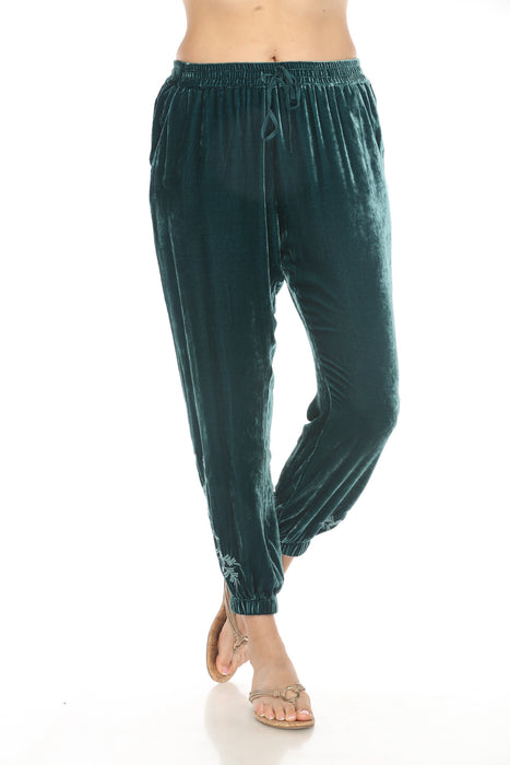 Johnny Was JWLA Style J61324 Teal Lenon Velvet Embroidered Jogger Pants