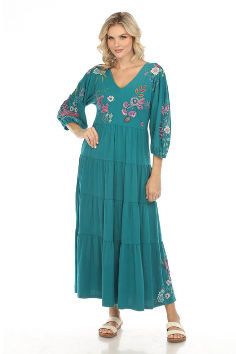 Johnny Was JWLA Style J30523-E Mallard Green Shilo Dolman Tiered Knit Embroidered Maxi Dress Boho Chic