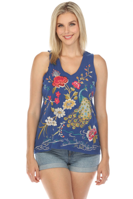 Johnny Was JWLA Style J14924 Midnight Blue Celina Raw Edge V-Neck Embroidered Tank Top Boho Chic