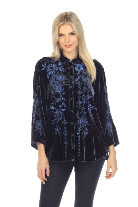 Johnny Was JWLA Style J14022 Midnight Blue Azure Velvet Embroidered Kimono Sleeve Shirt Chic