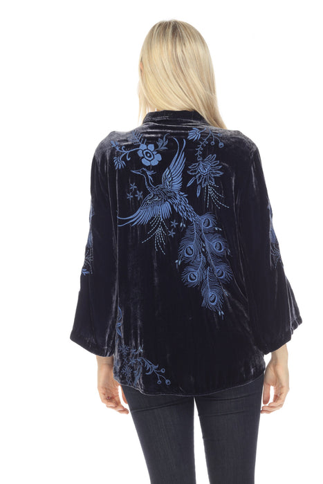 Johnny Was JWLA Azure Velvet Embroidered Kimono Sleeve Shirt Chic J14022